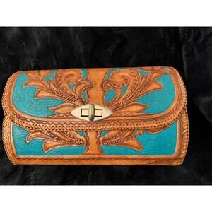 VINTAGE UNIQUE TURQUOISE LARGE WESTERN TOOLED LEATHER BAG!